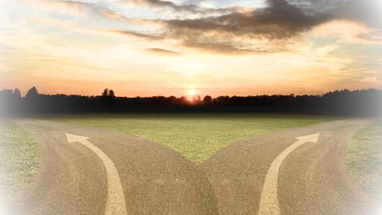 A fork in the road with two paths diverging, set against a sunset sky with clouds and trees in the distance.