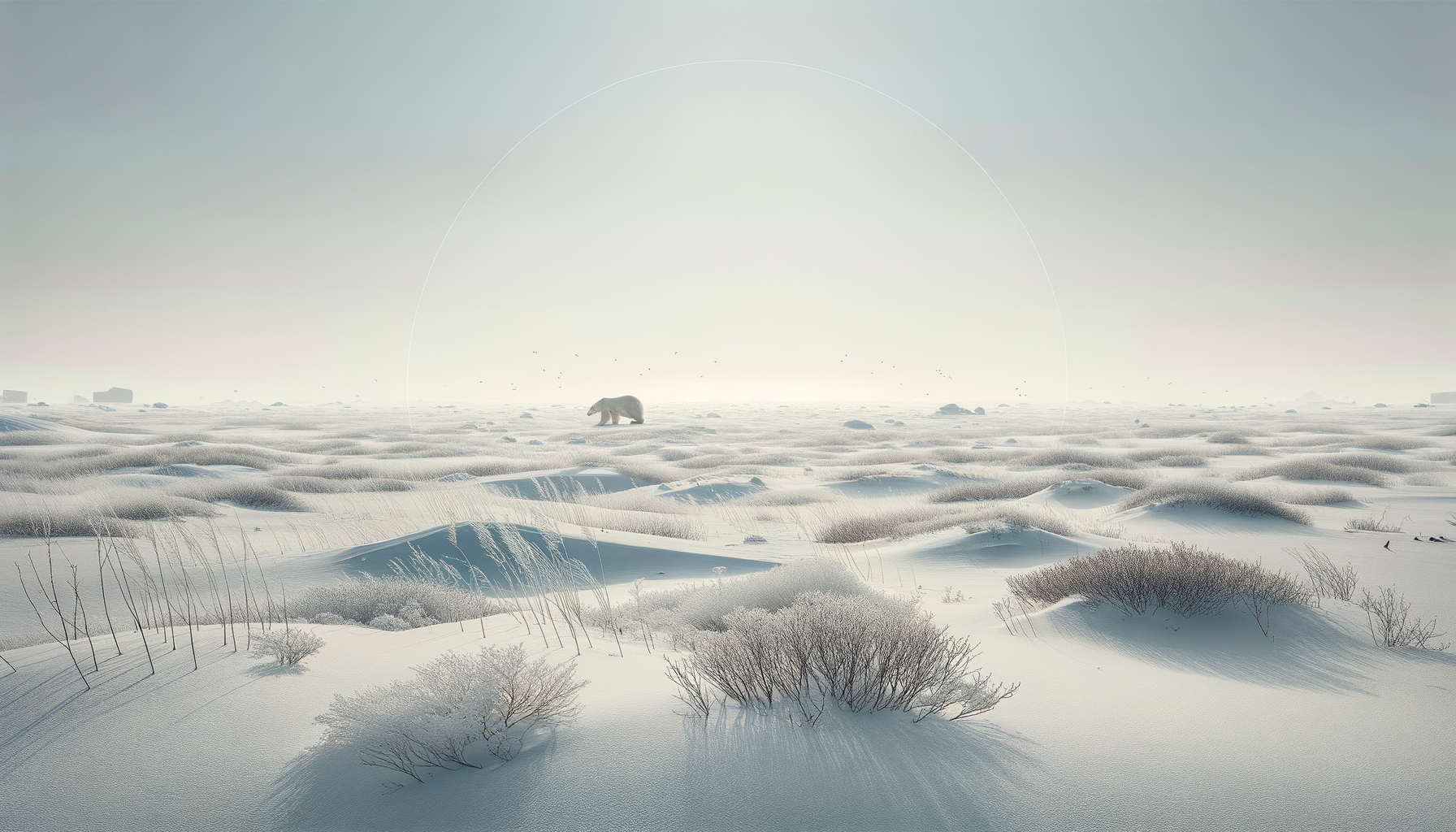 Polar bear walking across a snowy, icy landscape with sparse bushes and distant structures under a pale sky.