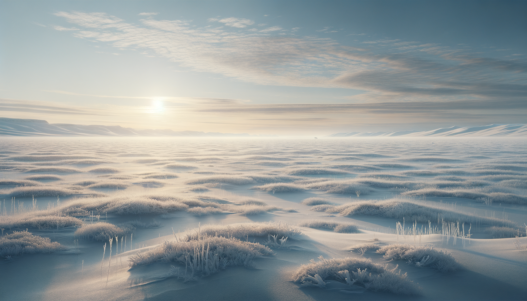 Snow-covered landscape during sunrise with snow dunes and distant mountains under a pale blue  sky.