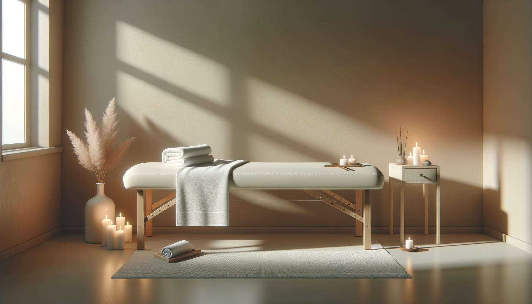 A minimalist massage room with a massage table, lit by sunlight, decorated with candles, towels, and a vase with pampas grass