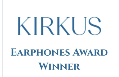 A white background with the words 'KIRKUS EARPHONES AWARD WINNER' in blue text.