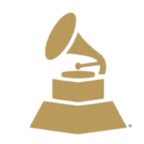Gold gramophone trophy with a large horn and a base, styled after a vintage record player. GRAMMY Award logo.