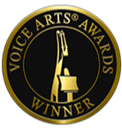 Gold and black emblem with a microphone and the text 'Voice Arts Awards Winner', for SOVAS Awards