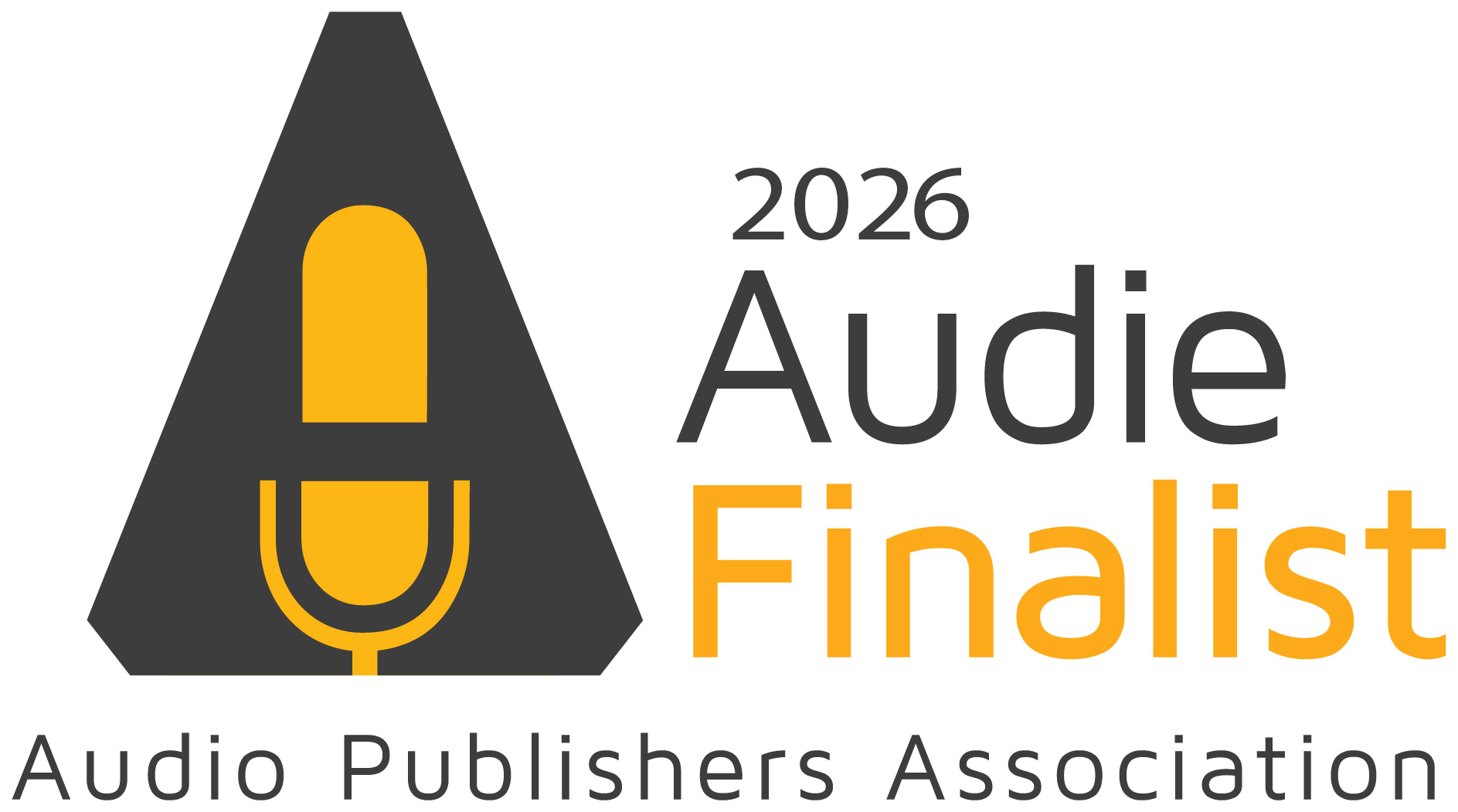 Logo for the 2026 Audio Finalist by Audio Publishers Association featuring a stylized microphone inside a black diamond shape, with black, gray, and yellow-orange text.