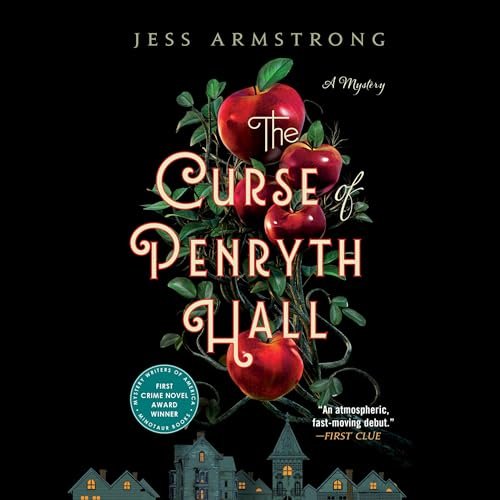 Book cover for 'The Curse of Penryth Hall' by Jess Armstrong, featuring red apples and green leaves on a dark background, with a small illustration of houses at the bottom.