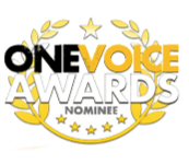 Graphic of the ONE VOICE AWARDS logo with gold and black design, featuring a laurel wreath and stars.
