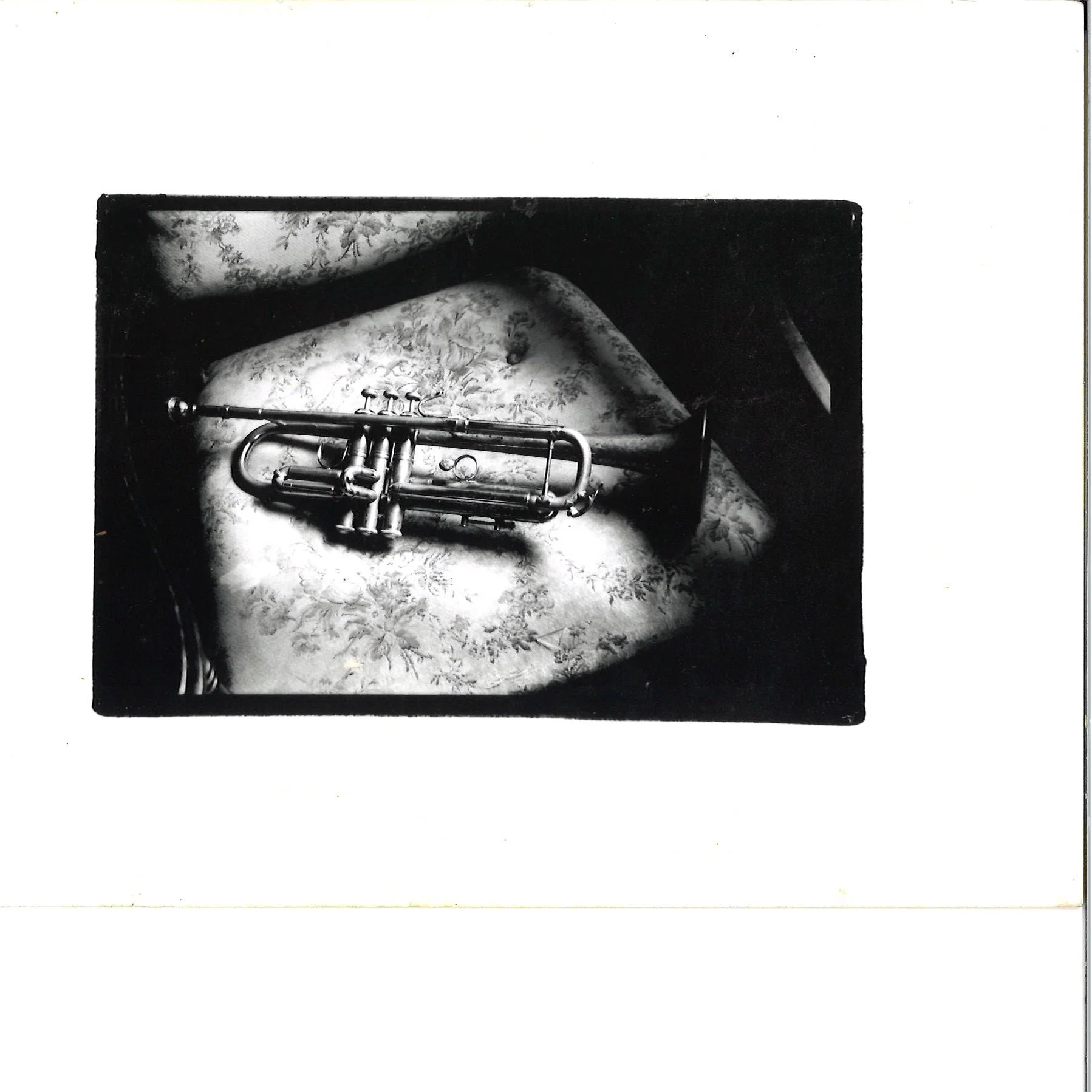 Black and white photo of a trumpet placed on a floral-patterned pillow or cushion.
