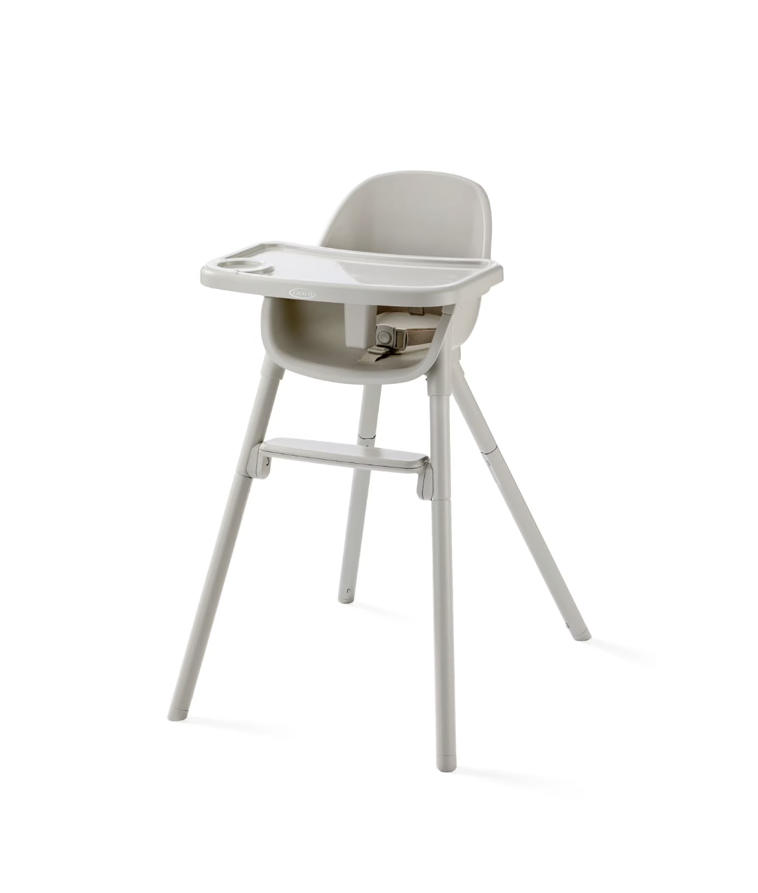 A white high chair with a removable tray and a safety strap, designed for feeding young children.