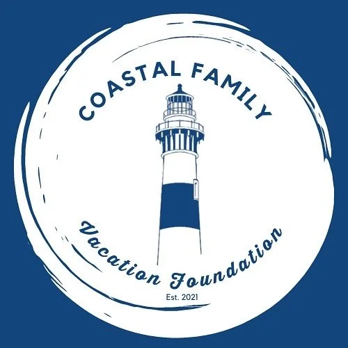 Logo for the Coastal Family Vacation Foundation featuring a lighthouse with blue and white stripes, text around it reading "Coastal Family Vacation Foundation," and the establishment year 2021.