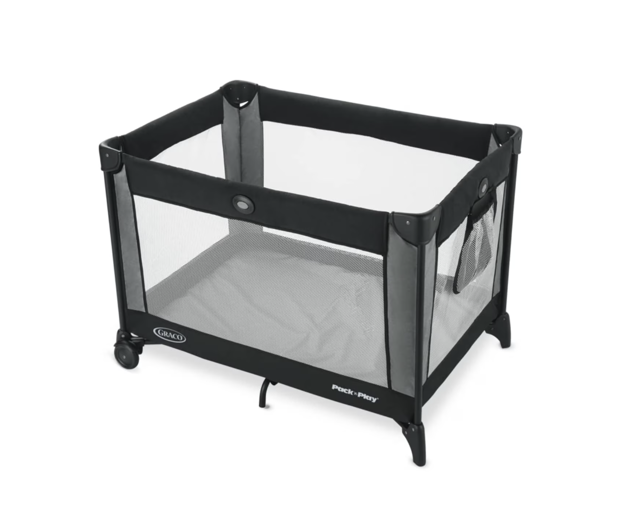 Black and gray portable crib or playpen with mesh sides and wheels.