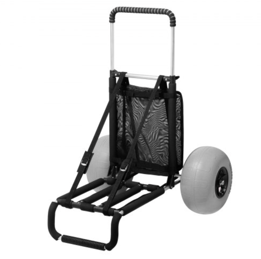 A lightweight pushcart with a black frame, large gray wheels, and a black mesh storage compartment, designed for transporting items.