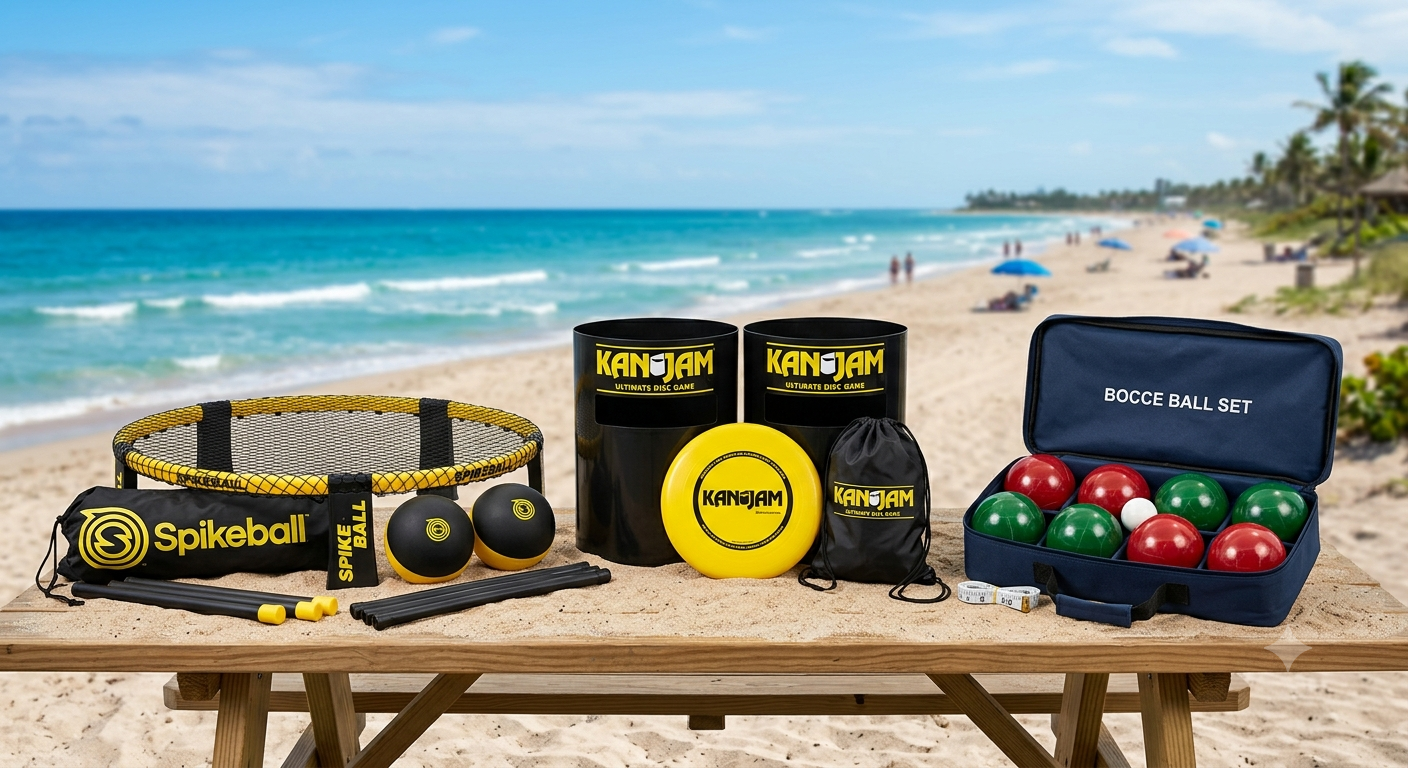 Several sports and outdoor game sets on a wooden table at a beach, including spikeball, Kan Jam, and bocce ball sets.