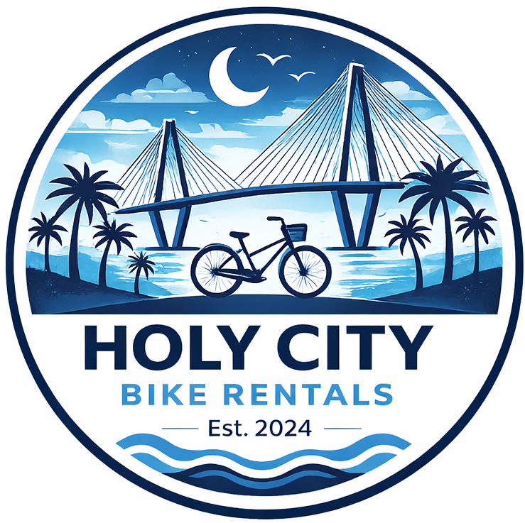 Logo for Holy City Bike Rentals featuring a bicycle in front of a bridge, palm trees, moon, and birds with a water background, established in 2024.