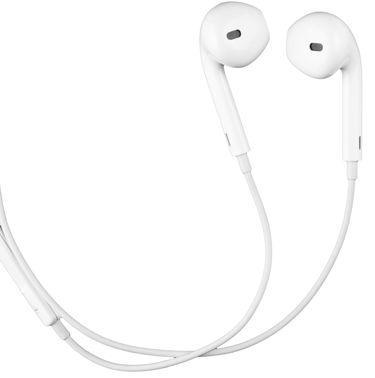 White wired earphones with black speaker grills, resting on a flat surface.