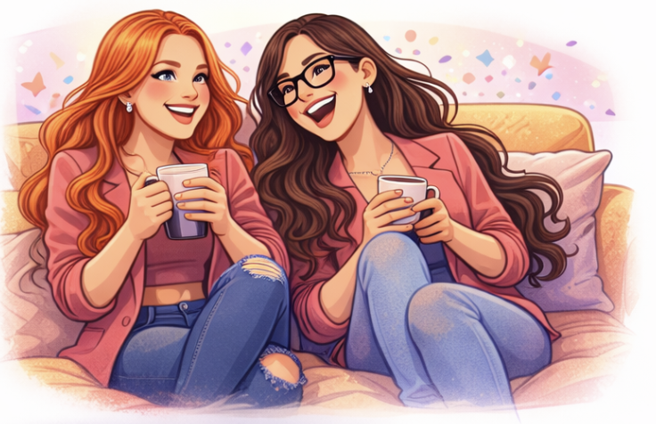 Two women with long hair sitting on a couch, smiling and holding mugs, with colorful confetti in the background.