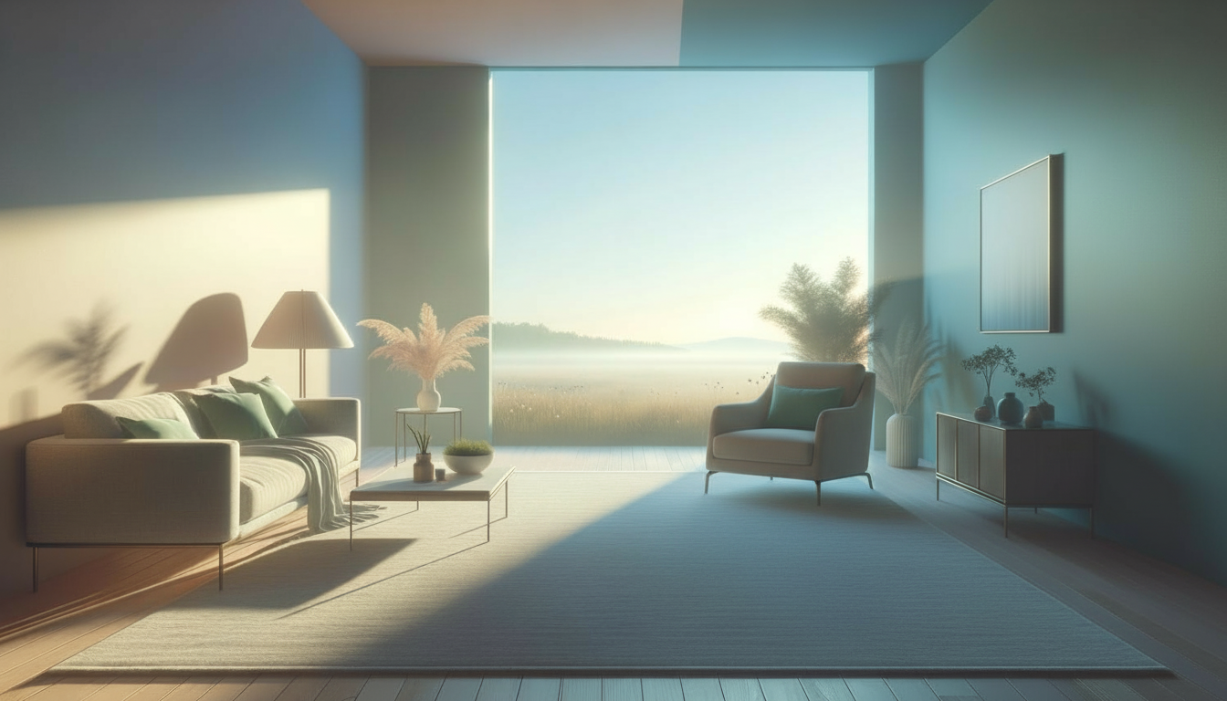 A modern living room with large window overlooking a serene landscape, featuring a sofa, armchair, coffee table, and minimalistic decor with plants.
