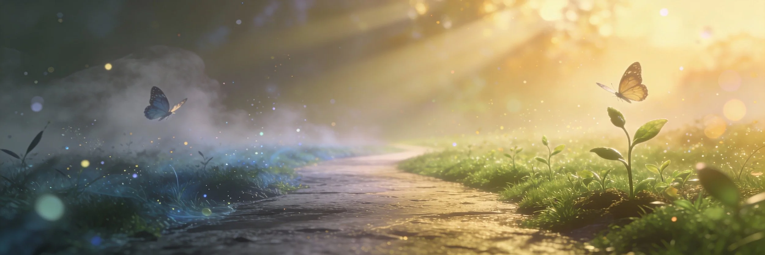A serene, nature scene showing a transition from darkness to a ray of warm sunlight with plants and butterflies.