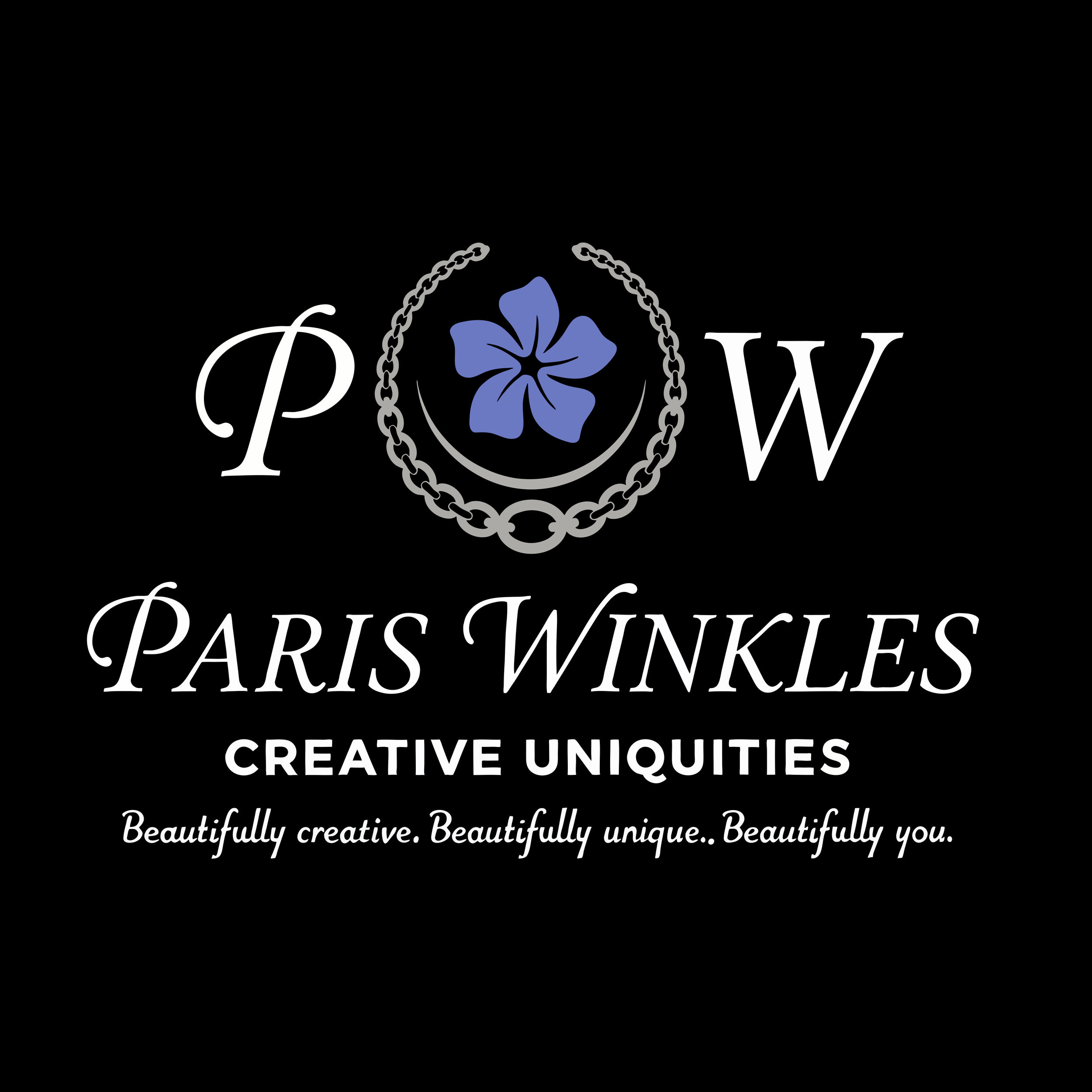Black background with white and purple text and a decorative chain and flower graphic. The text reads: "P R O W P A R I S T W I N K L E S CREATIVE UNQUIETIE" and "Beautifully creative. Beautifully unique.. Beautifully you."