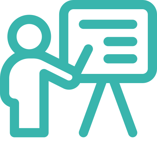 Icon of a person giving a presentation with a pointer to a board or screen with text.