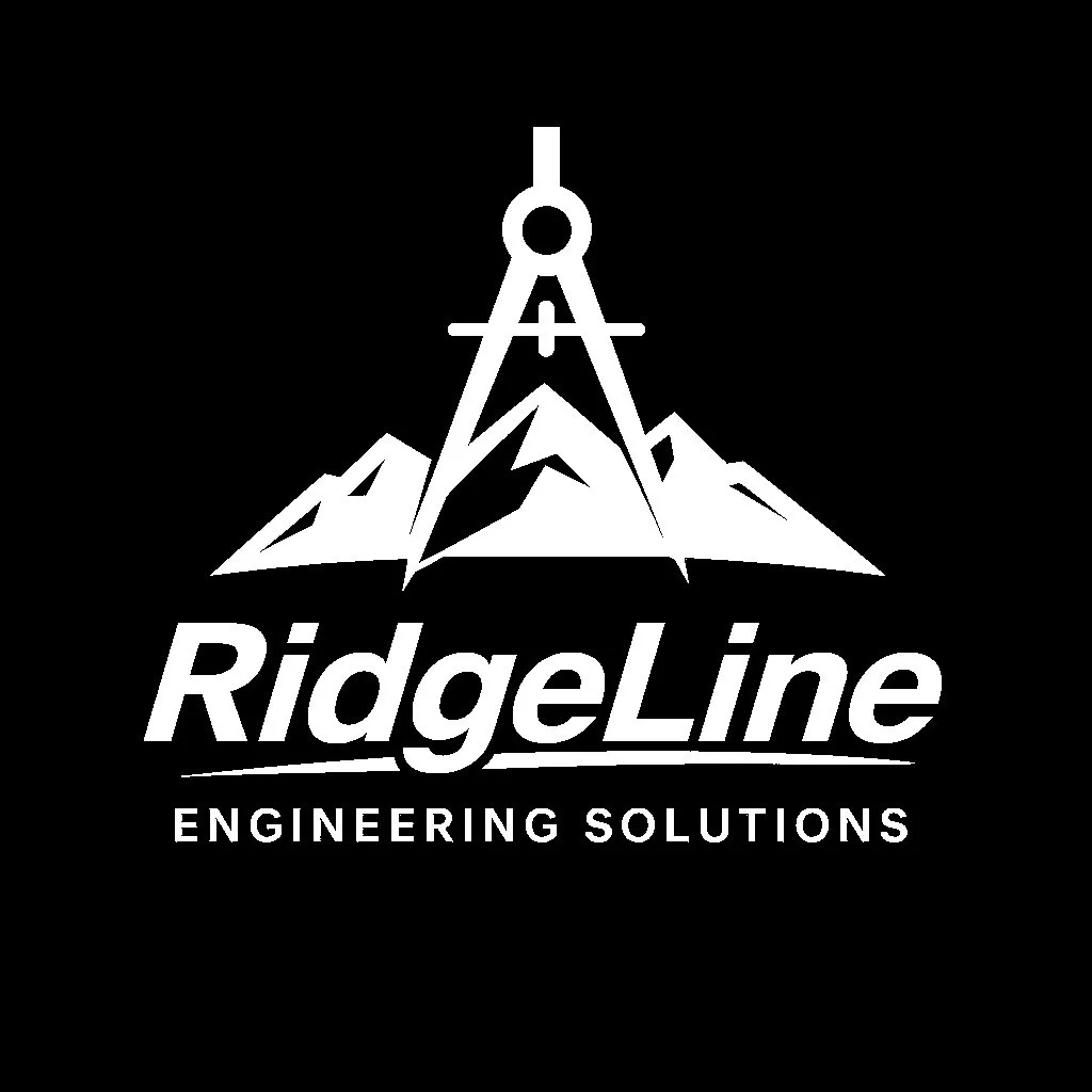 Logo for Ridgeline Engineering Solutions featuring a stylized mountain and compass design in white on black background.