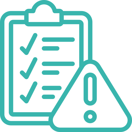 Icon of a checklist on a clipboard with a warning sign below