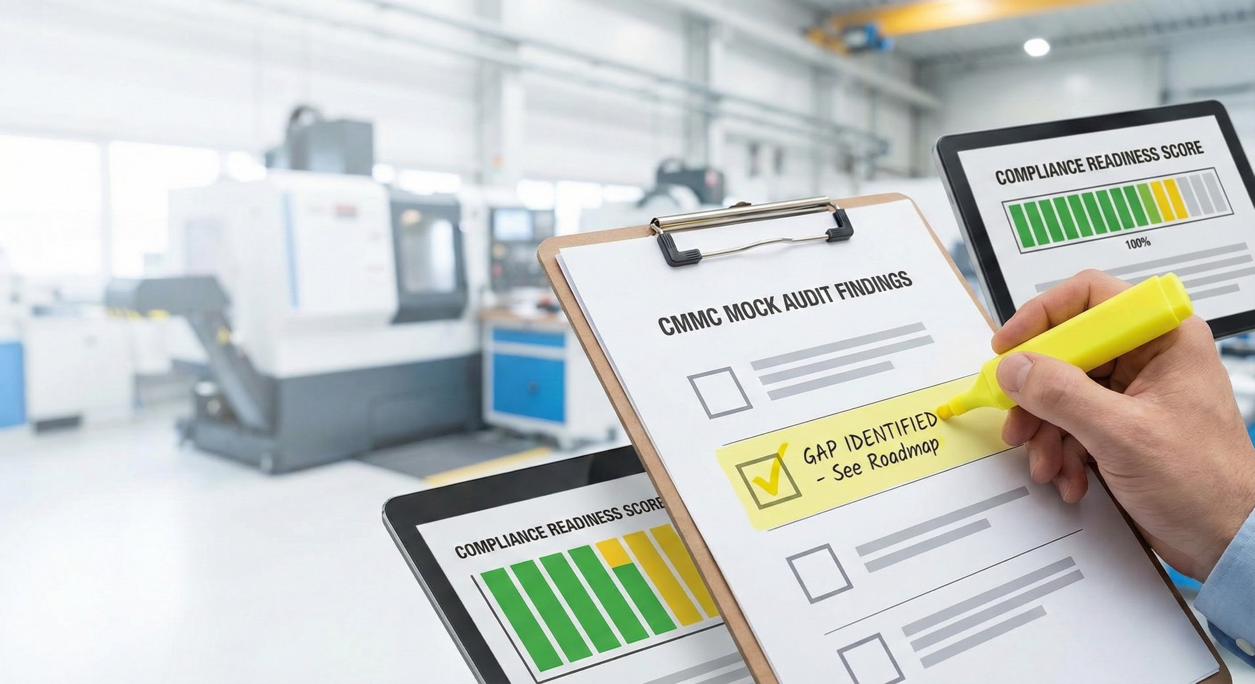 A person checking a clipboard with 'CMMC Mock Audit Findings' attached, indicating a 'Gap Identified - See Roadmap', amid digital tablets showing compliance readiness scores in an industrial setting.