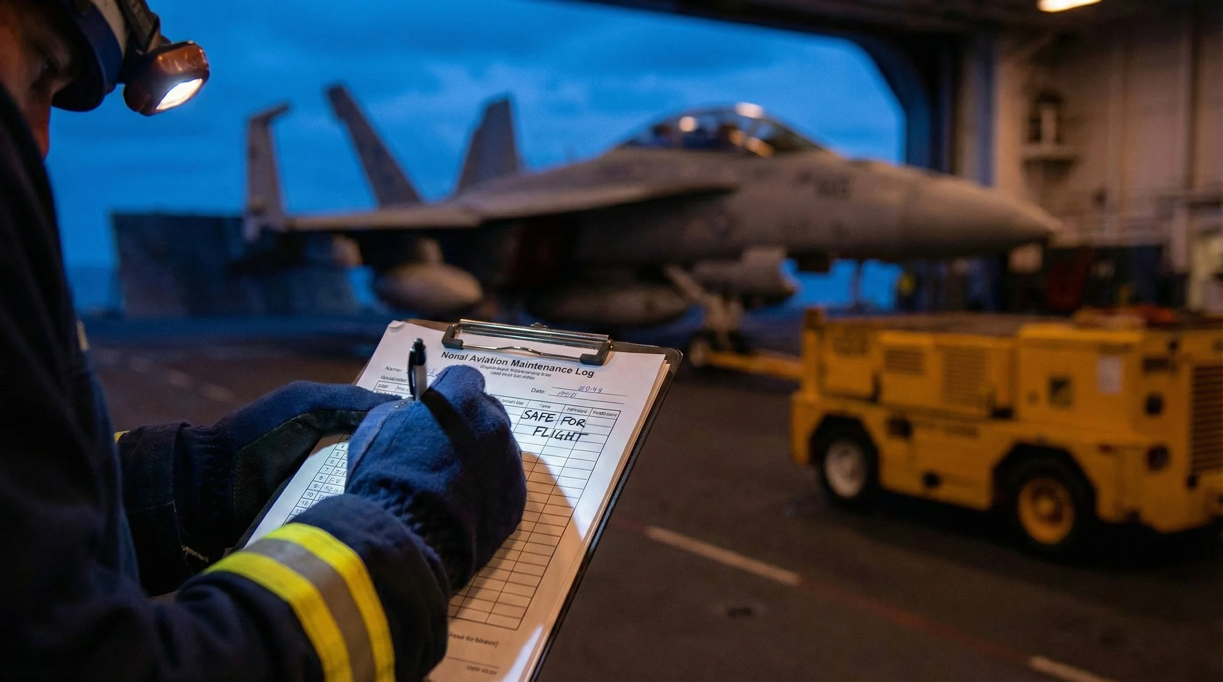 A person in a flight suit and gloves writes on a clipboard titled 'Non-aviation Maintenance Log' while on an aircraft carrier. In the background, a fighter jet is parked inside the hangar, with a yellow ground support vehicle nearby and ocean visible outside.