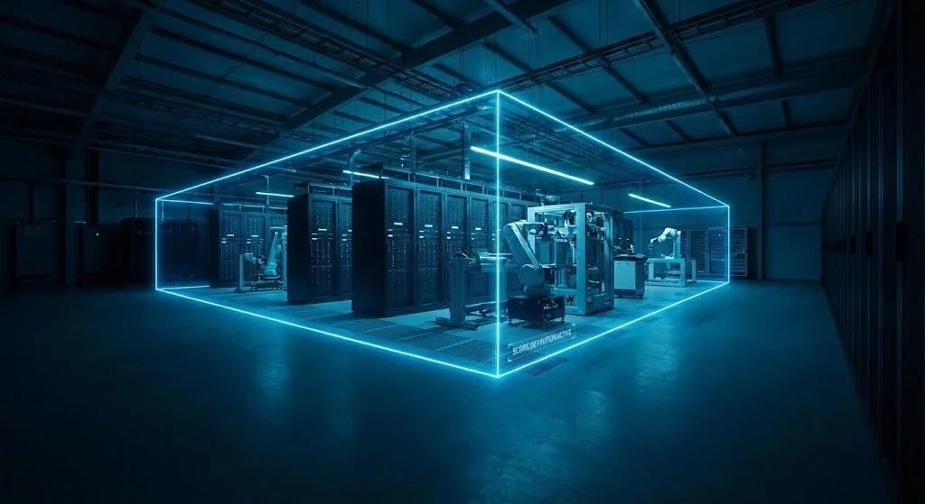 A high-tech data center with server racks and robotic arms, outlined by glowing blue digital lines.