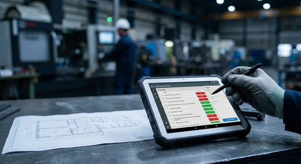 Person using a digital tablet for a checklist in an industrial setting, with a blueprint on the table and machinery in the background.