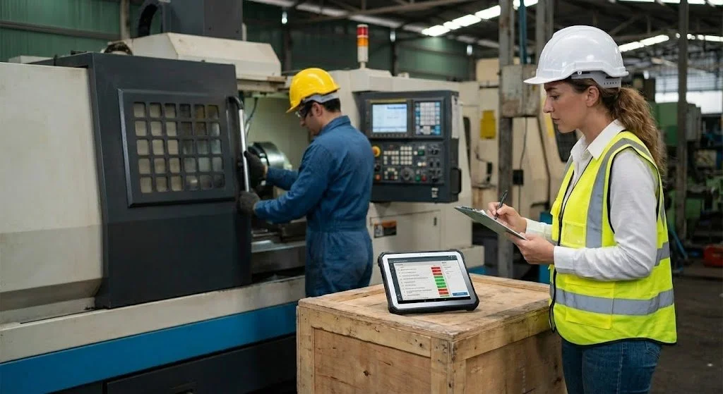 A woman wearing a white safety helmet and yellow reflective vest takes notes on a clipboard while a man in a yellow helmet operates a CNC machine in an industrial factory setting.