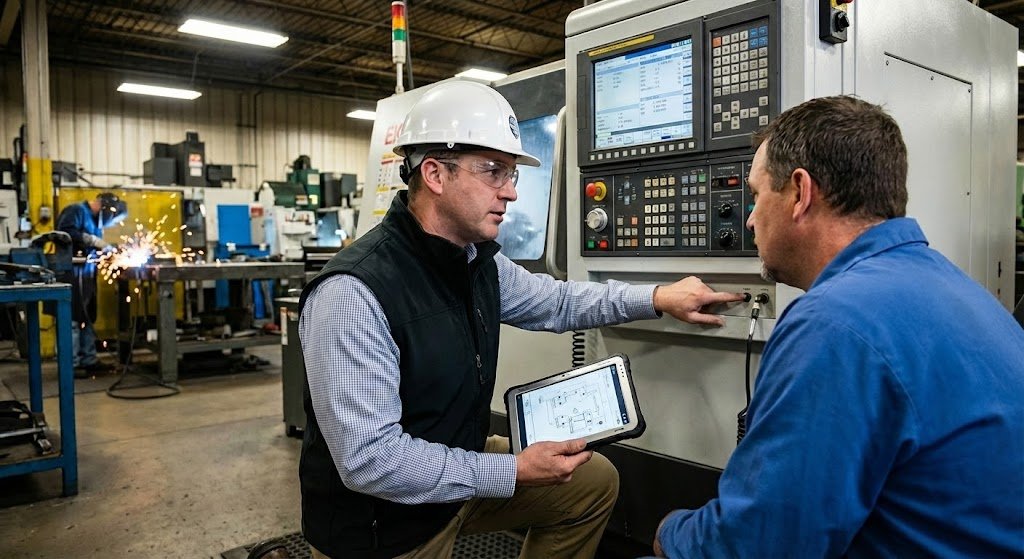 Two men in an industrial workshop operating a CNC machine; one man wears a hard hat and safety glasses, holding a tablet device, and the other man watches while the first presses a button on the machine.