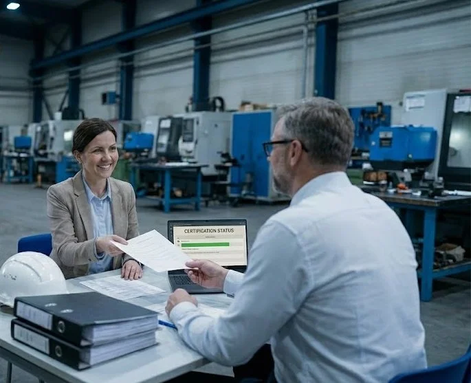 A woman receiving a certificate from a man at a table in an industrial setting with machinery in the background.
