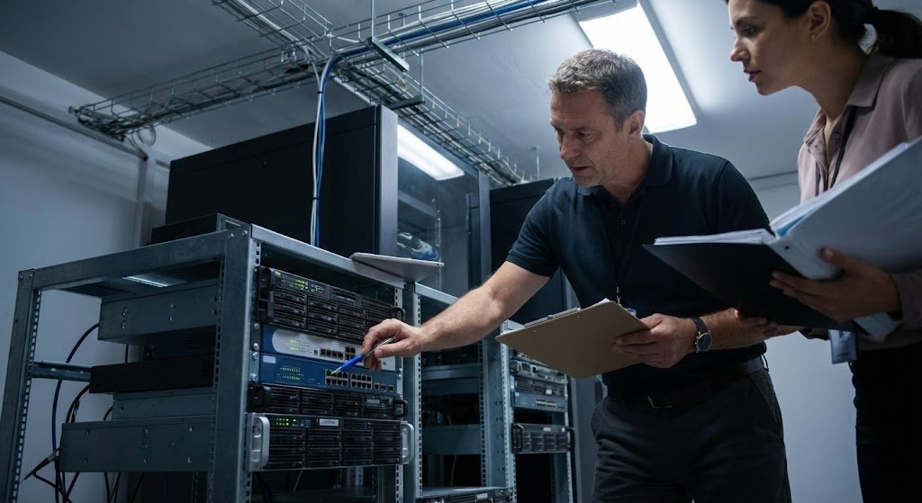 Two IT professionals working on servers in a data center or server room, examining and discussing equipment.