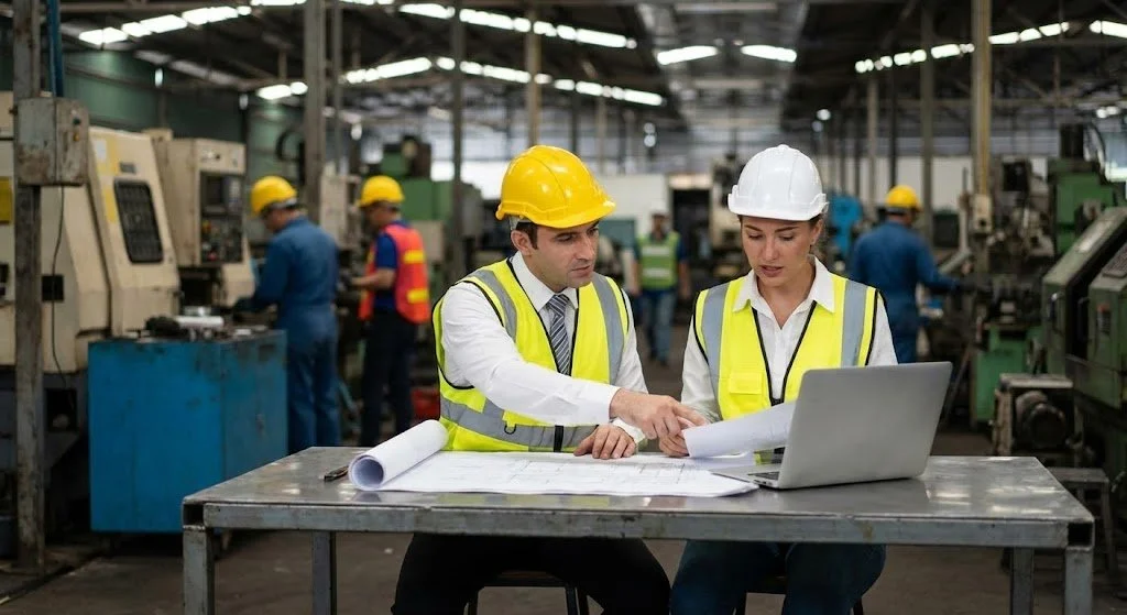 Two engineers or managers wearing safety vests and helmets sitting at a table with a laptop and blueprints, discussing plans in an industrial factory or manufacturing space with workers and machinery in the background.