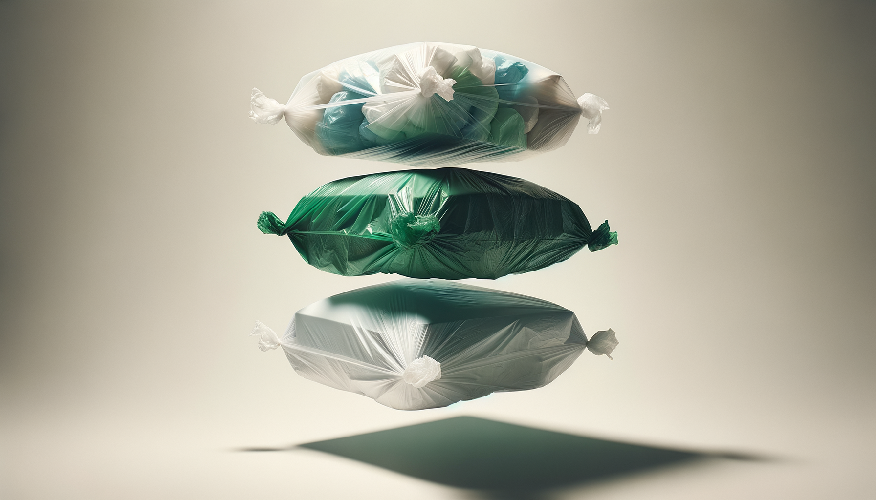 Three plastic bags filled with recycled materials floating in the air with a shadow below.