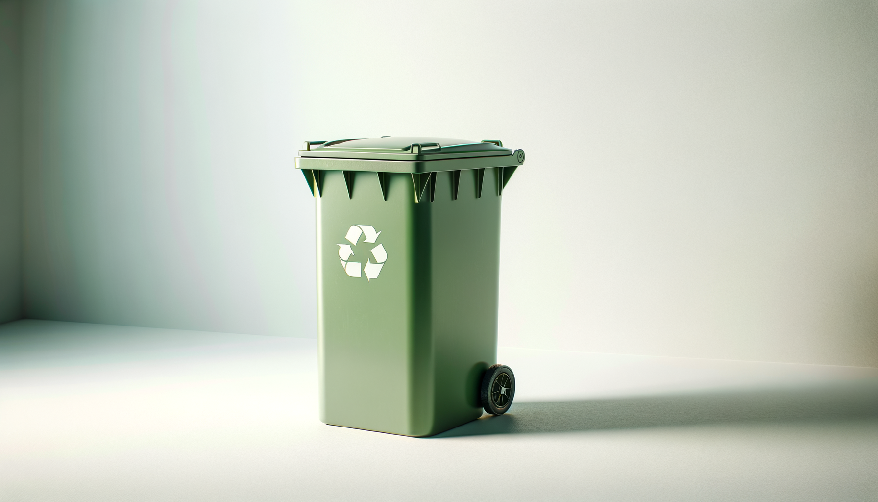 Green recycling bin with a recycling symbol on the front, placed on a plain surface with a plain background.