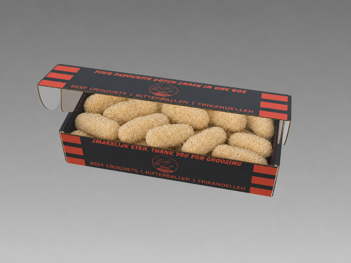 Box 20 Dutch Beef Croquets, 100 grams, 30% meat | Brand: "Black Box Snacks"