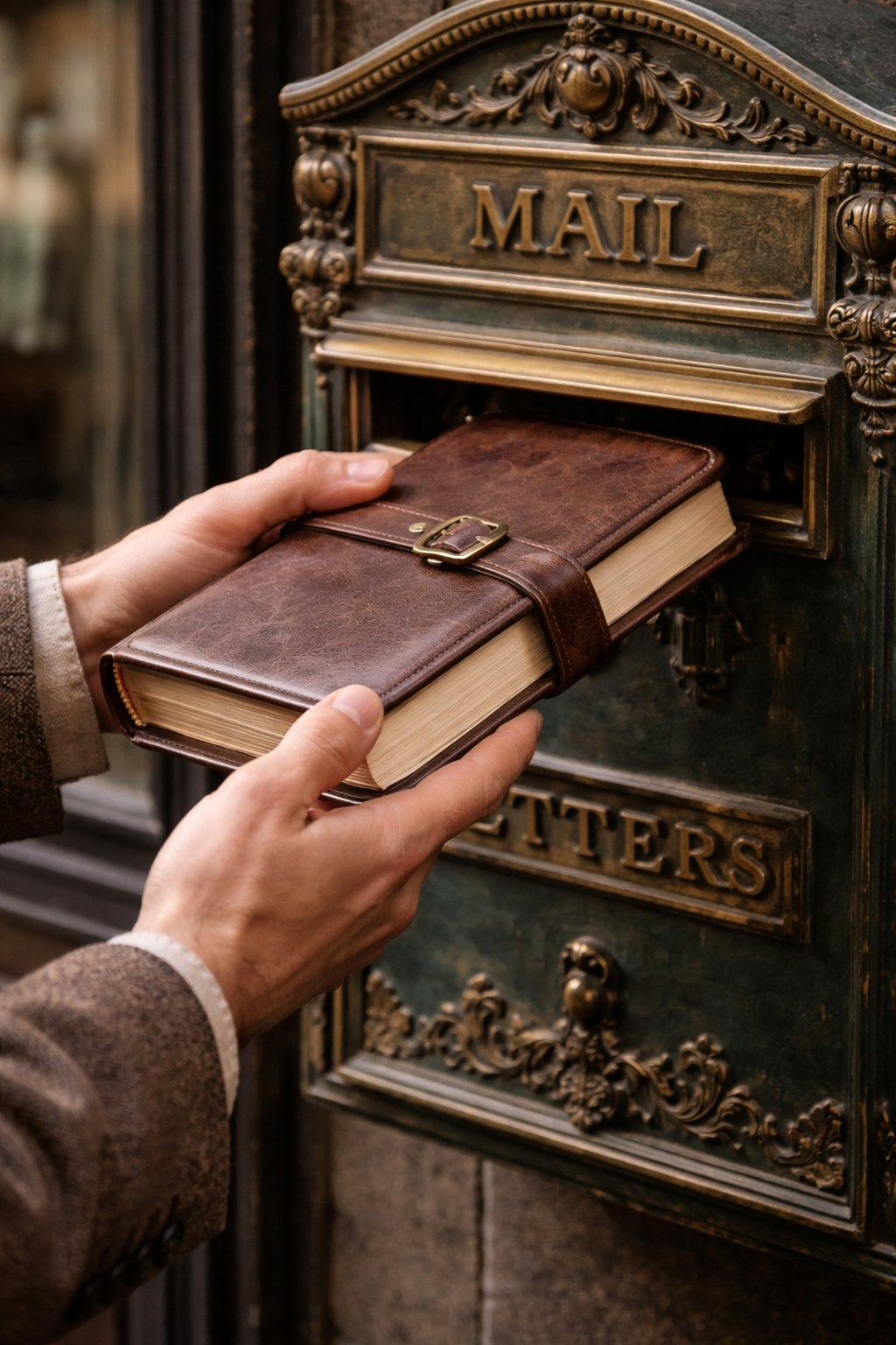 Person inserting a leather-bound notebook into a vintage brass mailbox labeled MAIL.