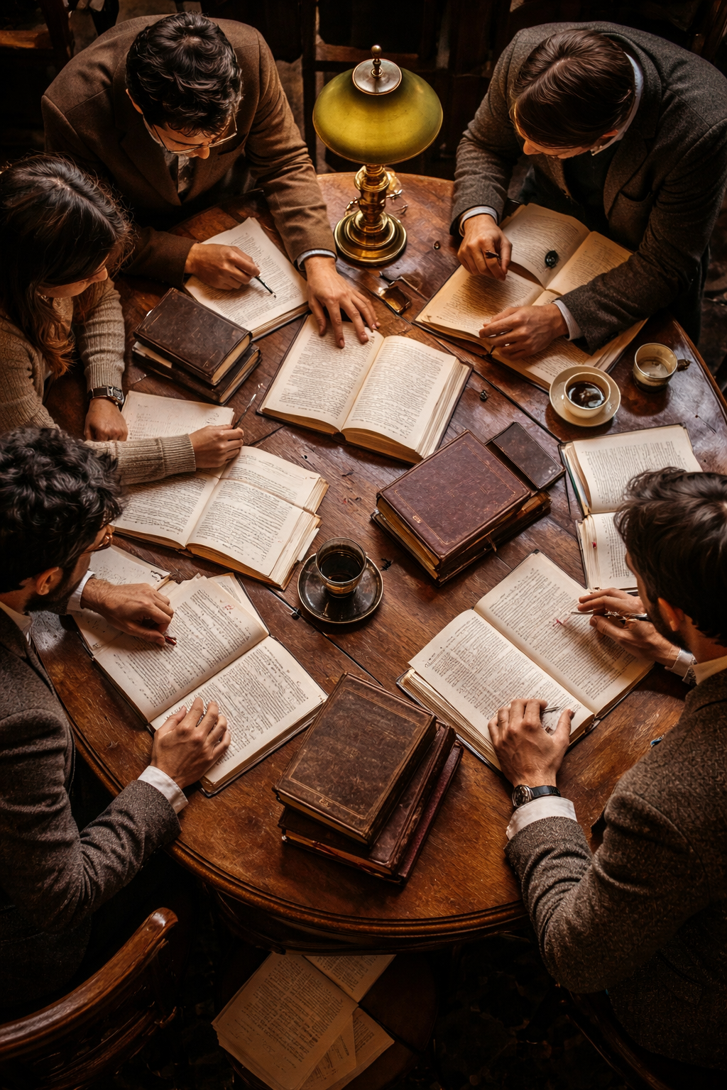 A group of six people sitting around a wooden table, studying old books and documents.