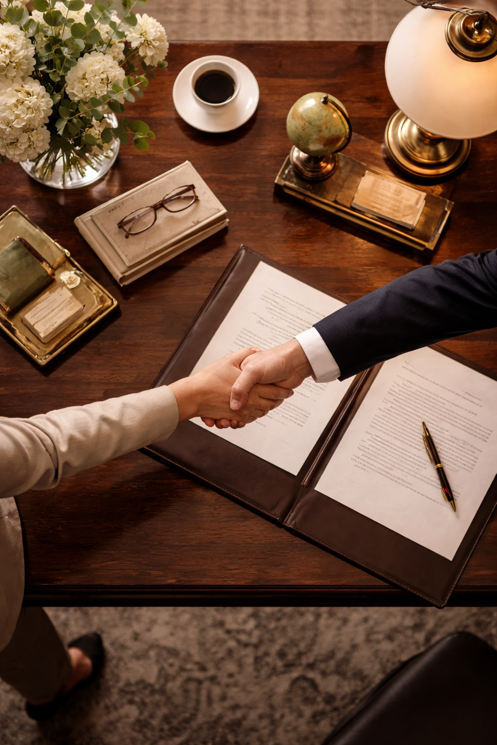 Two people shaking hands over a legal document on a wooden desk.