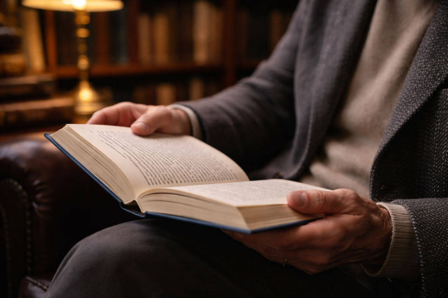 Person reading a book in a cozy, wood-paneled library.