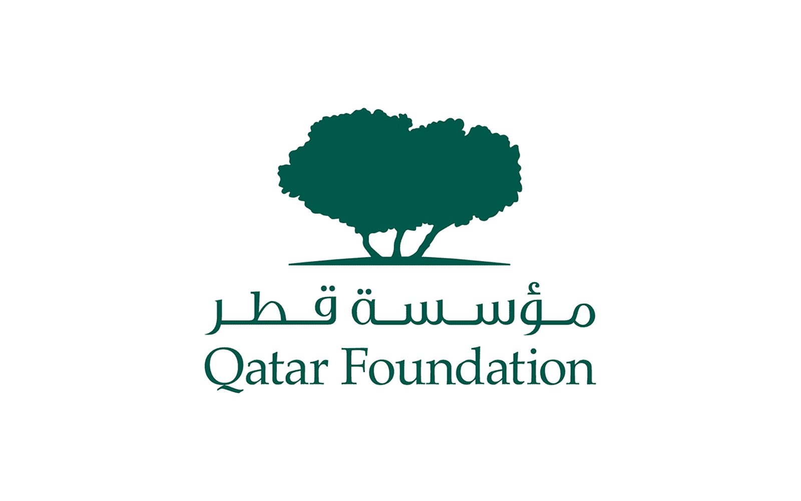 Logo of Qatar Foundation with a dark green tree illustration and Arabic and English text.