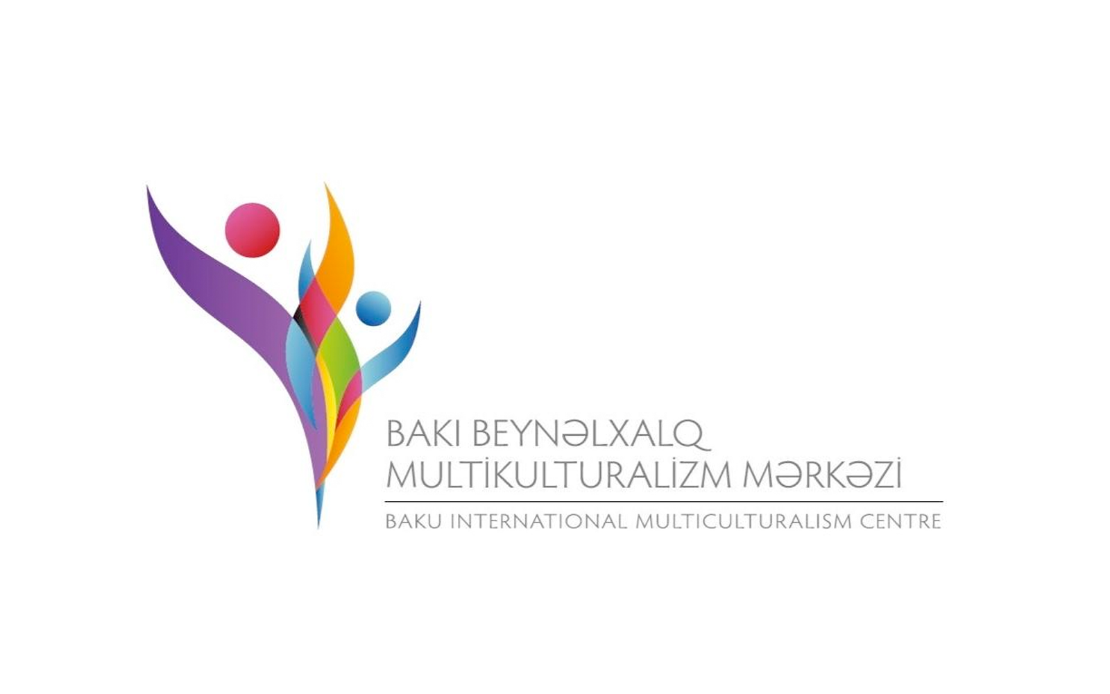 Logo of Baku International Multiculturalism Center featuring abstract figures in various colors and text in Azerbaijani and English.