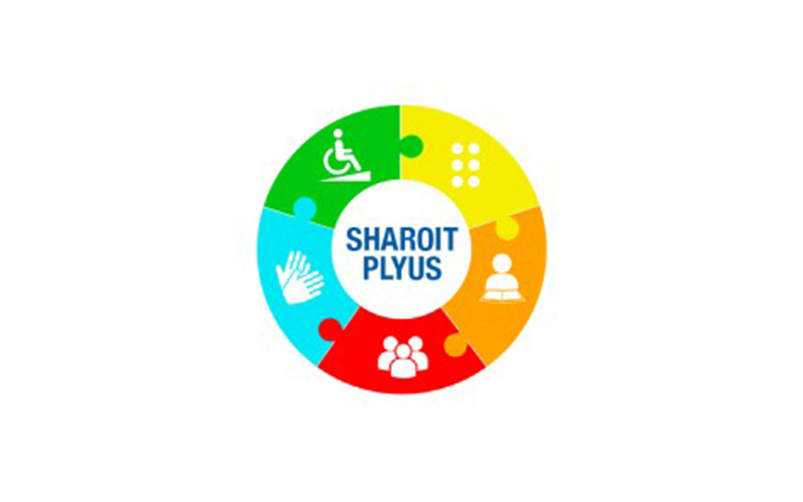 Colorful circular infographic with icons representing accessibility, family, teamwork, communication, education, and community, centered around the words "SHAROIT PLYUS".
