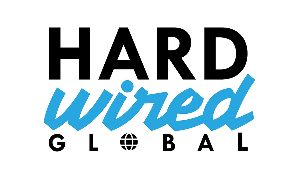 Text reads 'HARD wired GLOBAL' with a globe icon representing the letter 'O' in 'GLOBAL', in black and blue font on a white background.