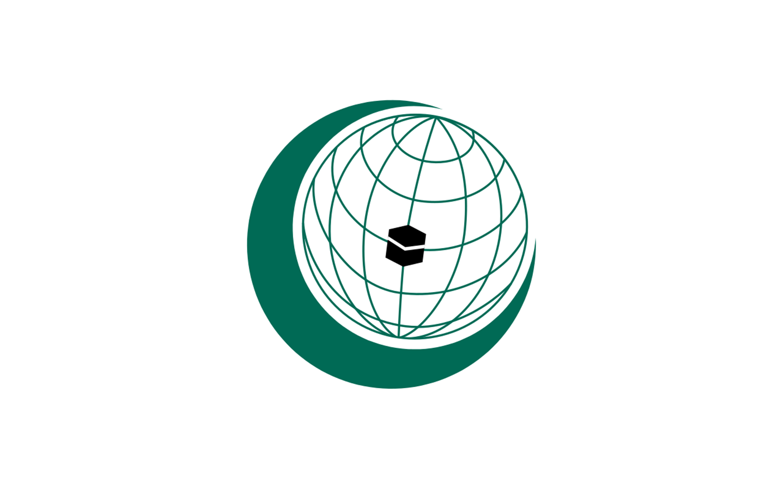 Illustration of a globe with latitude and longitude lines, a crescent shape encircling the globe, and a black vault symbol in the center.