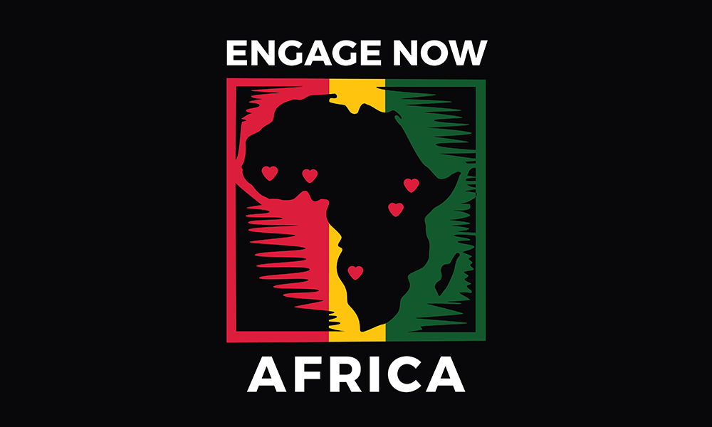 Silhouette map of Africa with red, yellow, and green colors, containing small red hearts inside, with text "Engage Now Africa" above and below on a black background.