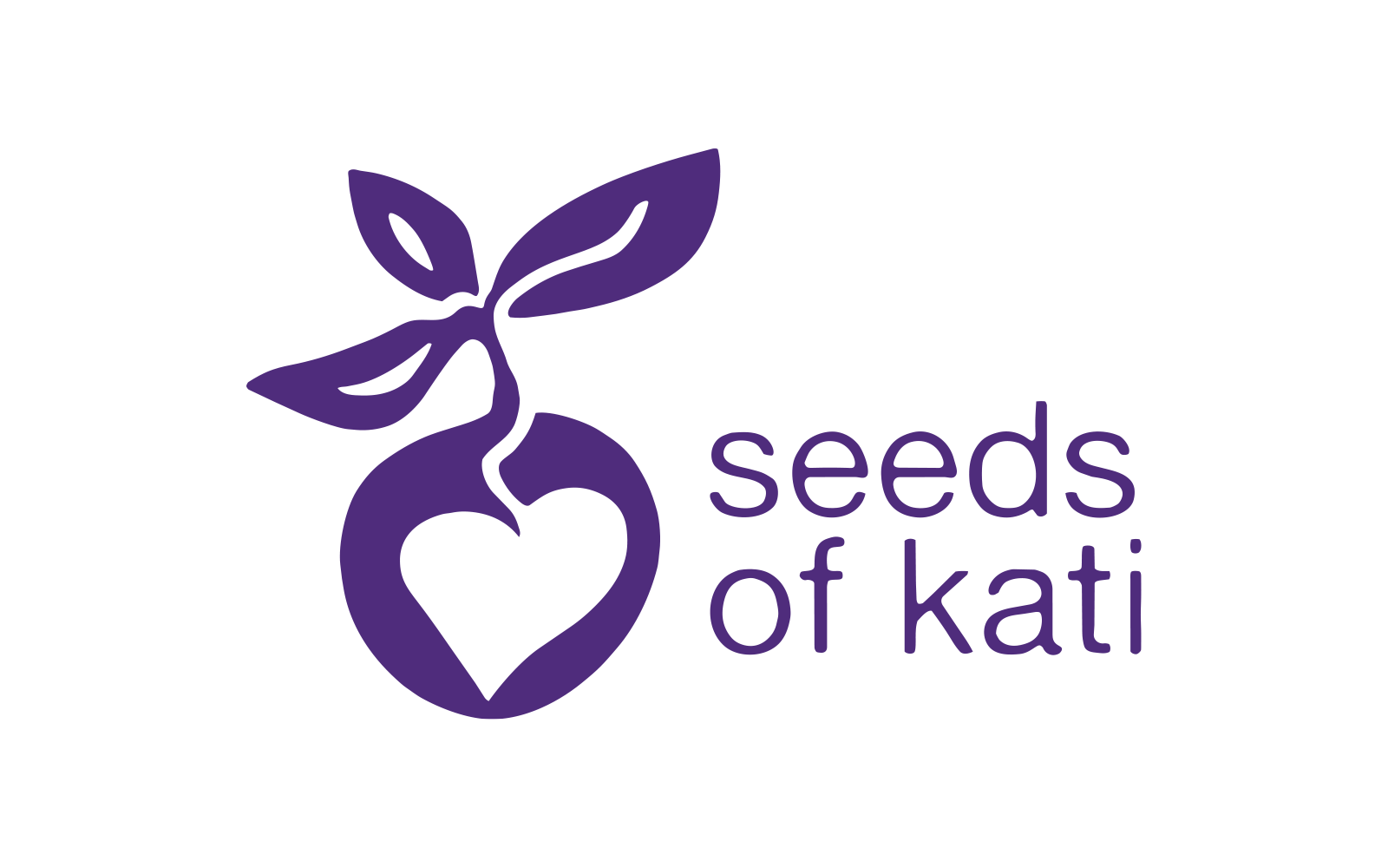 A purple logo featuring a heart-shaped seed with a sprouting plant and the text 'seeds of kati'.