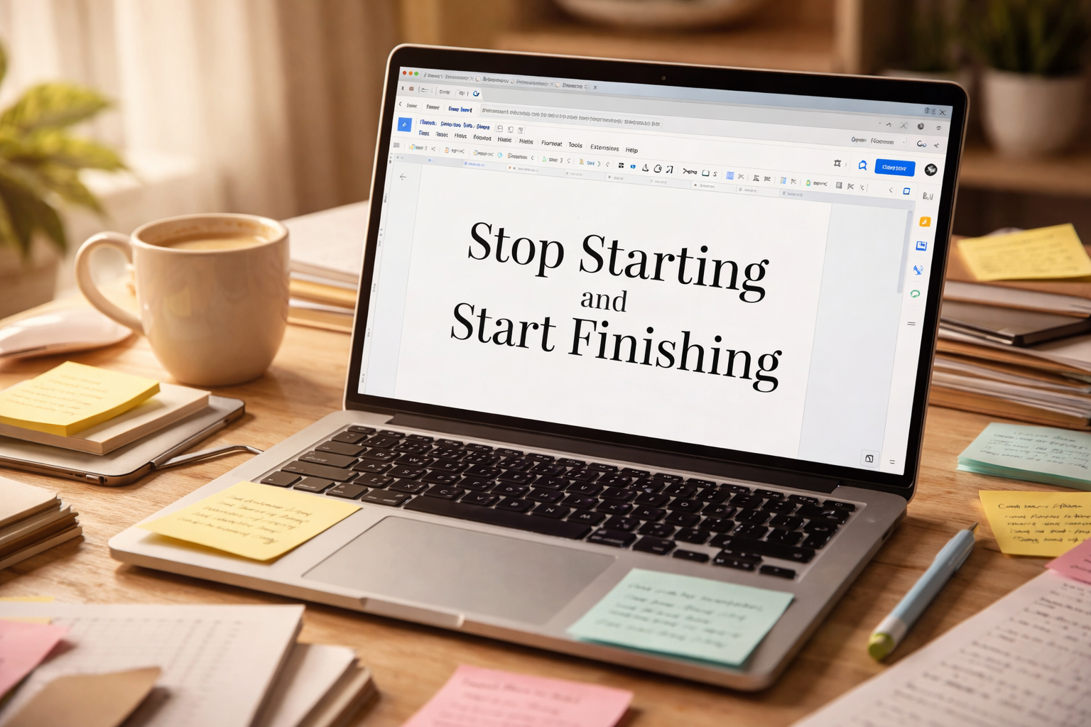 laptop open on desk with coffee mug and sticky notes