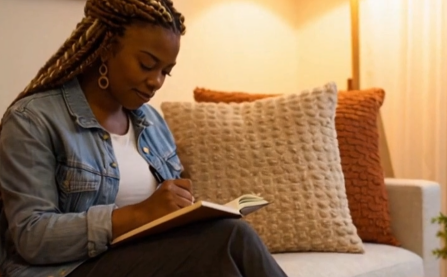 Black woman writing in journalwhile sitting on a couch with cream and orange throw pillows